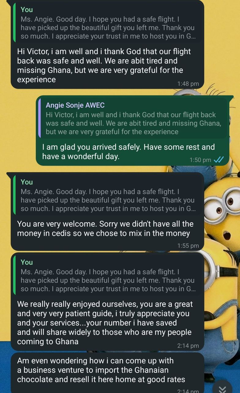 Original WhatsApp feedback from traveller Angie Sonje